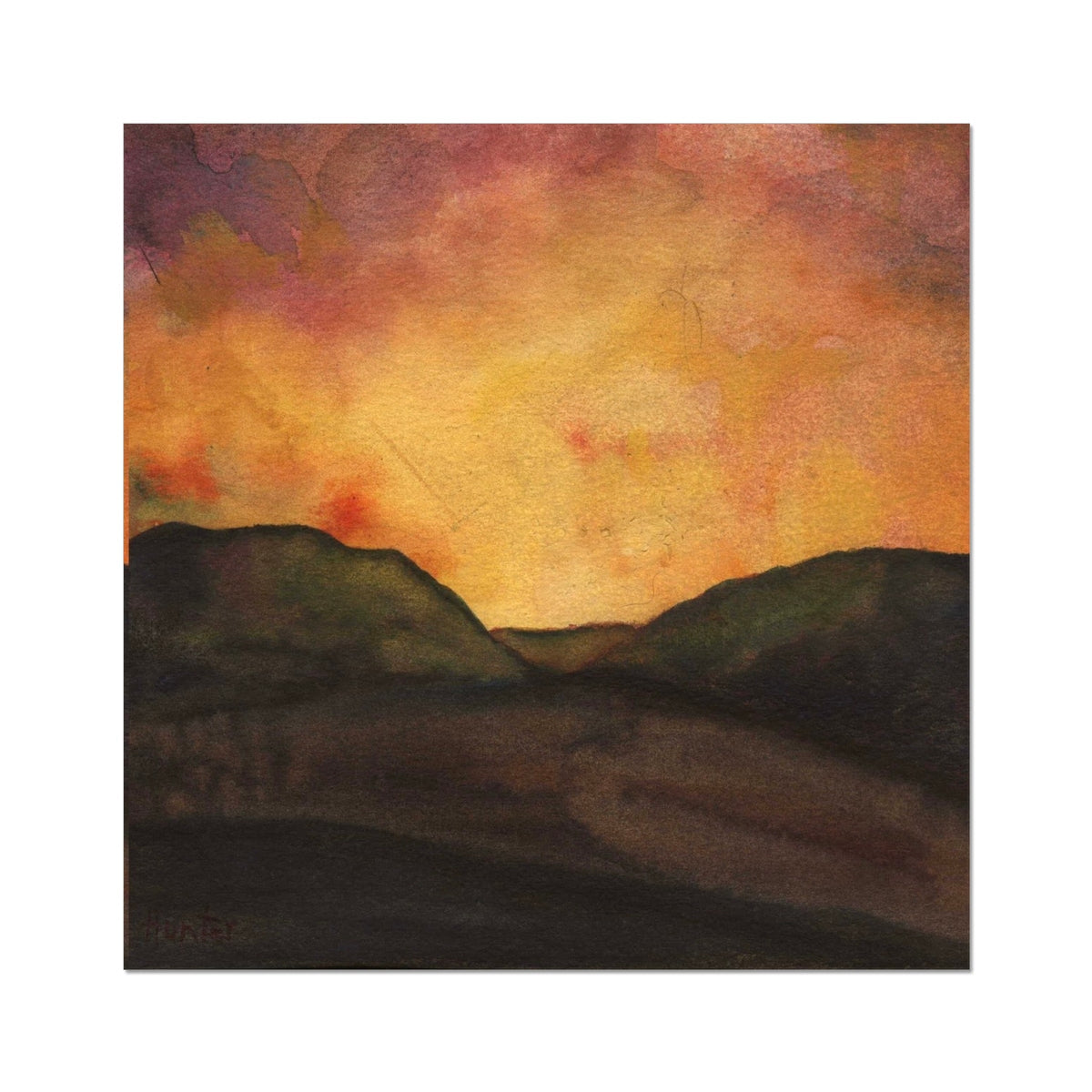 Dunoon Dusk Artist Proof: Sunset landscape with rolling hills in orange, yellow, red hues