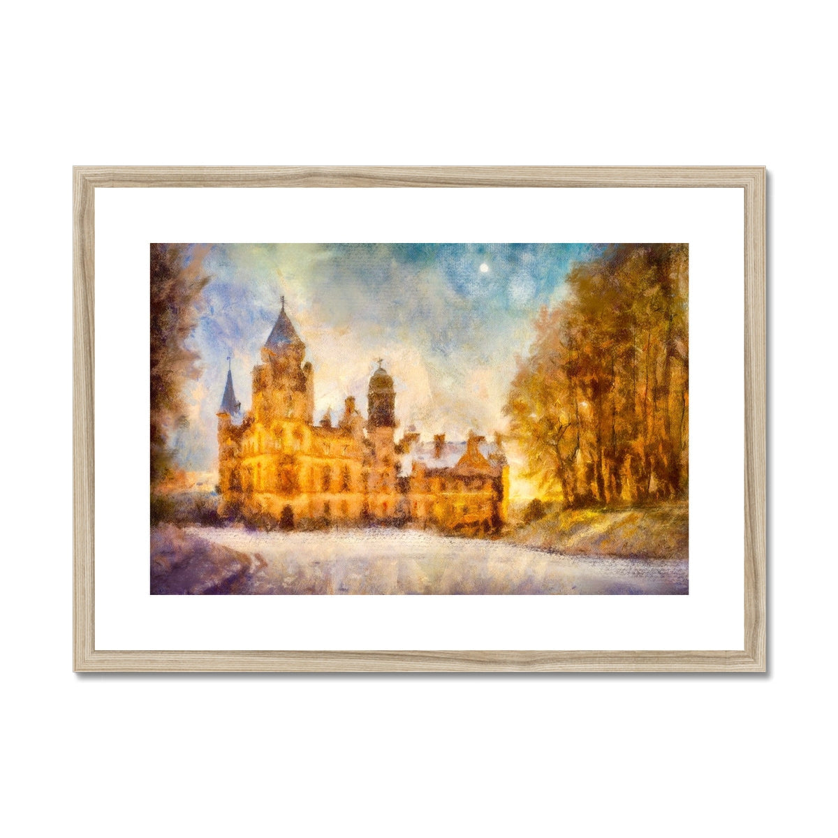 Framed oil painting of Dunrobin Castle with spires, turrets, snow, and warm glow
