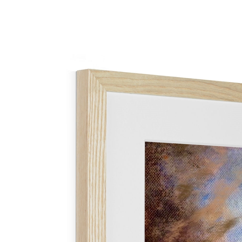 Light wood-framed artwork with a white mat showcasing Dunrobin Castle Moonlight print