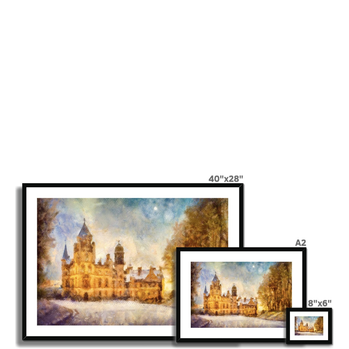 Three framed winter landscape prints of Dunrobin Castle for the Moonlight Framed & Mounted Print display