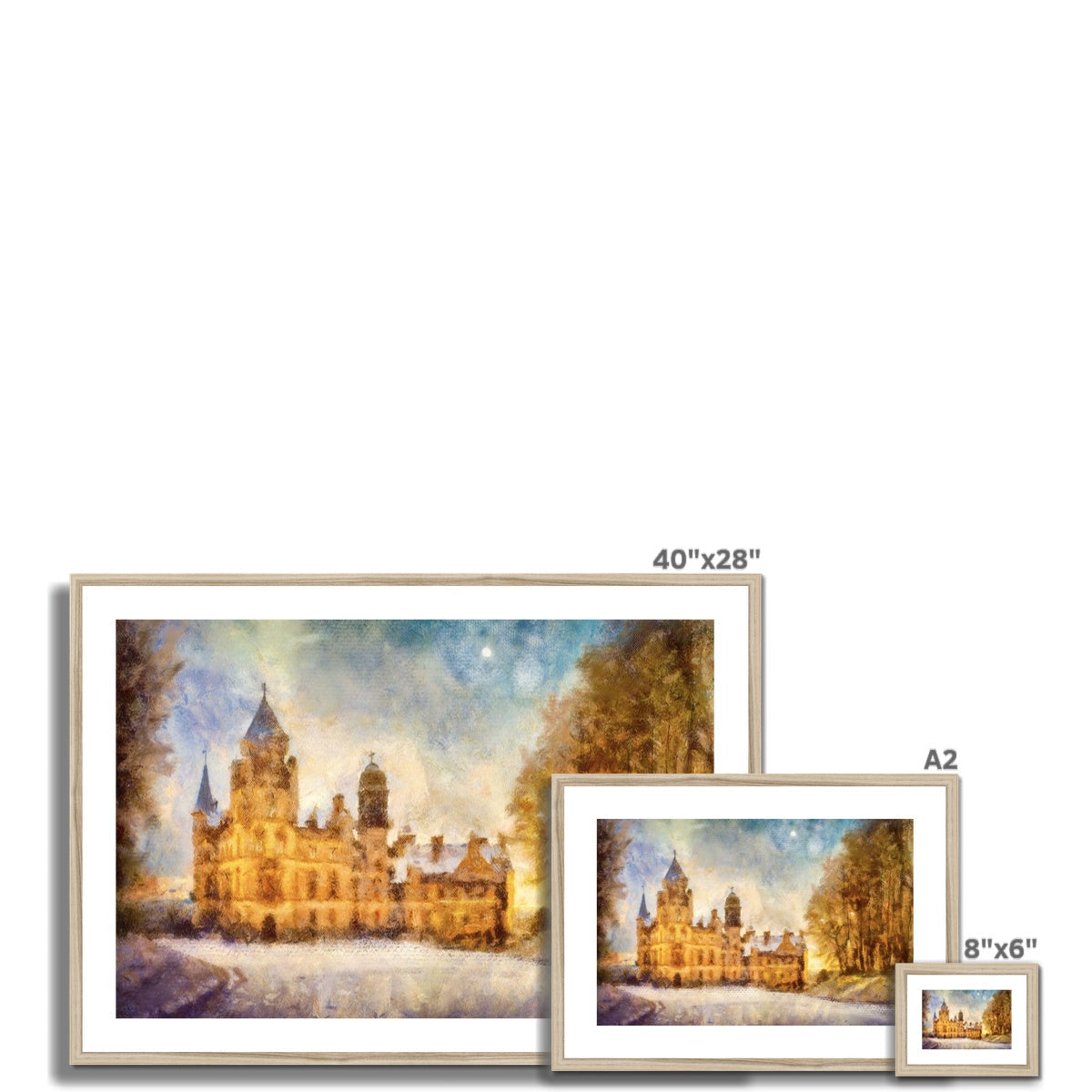 Framed Dunrobin Castle landscape paintings at night with snow and autumn trees