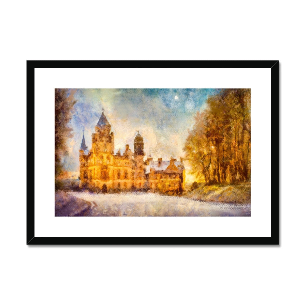 Framed impressionistic print of Dunrobin Castle in winter sunset landscape