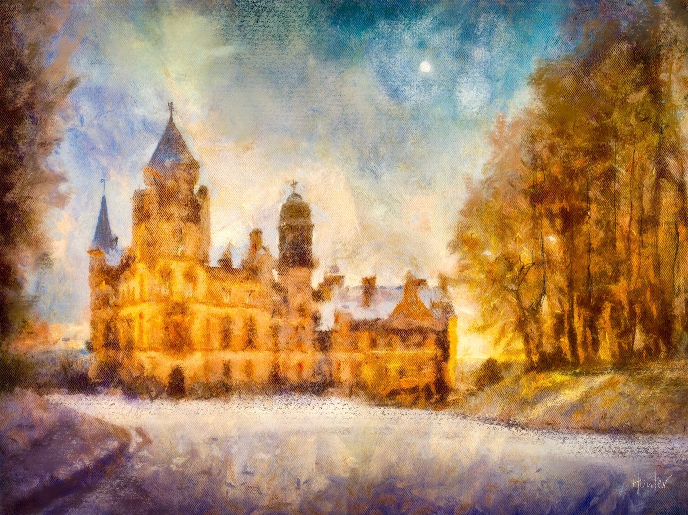 Dunrobin Castle Moonlight Scottish landscape painting with majestic illuminated castle under moonlit sky