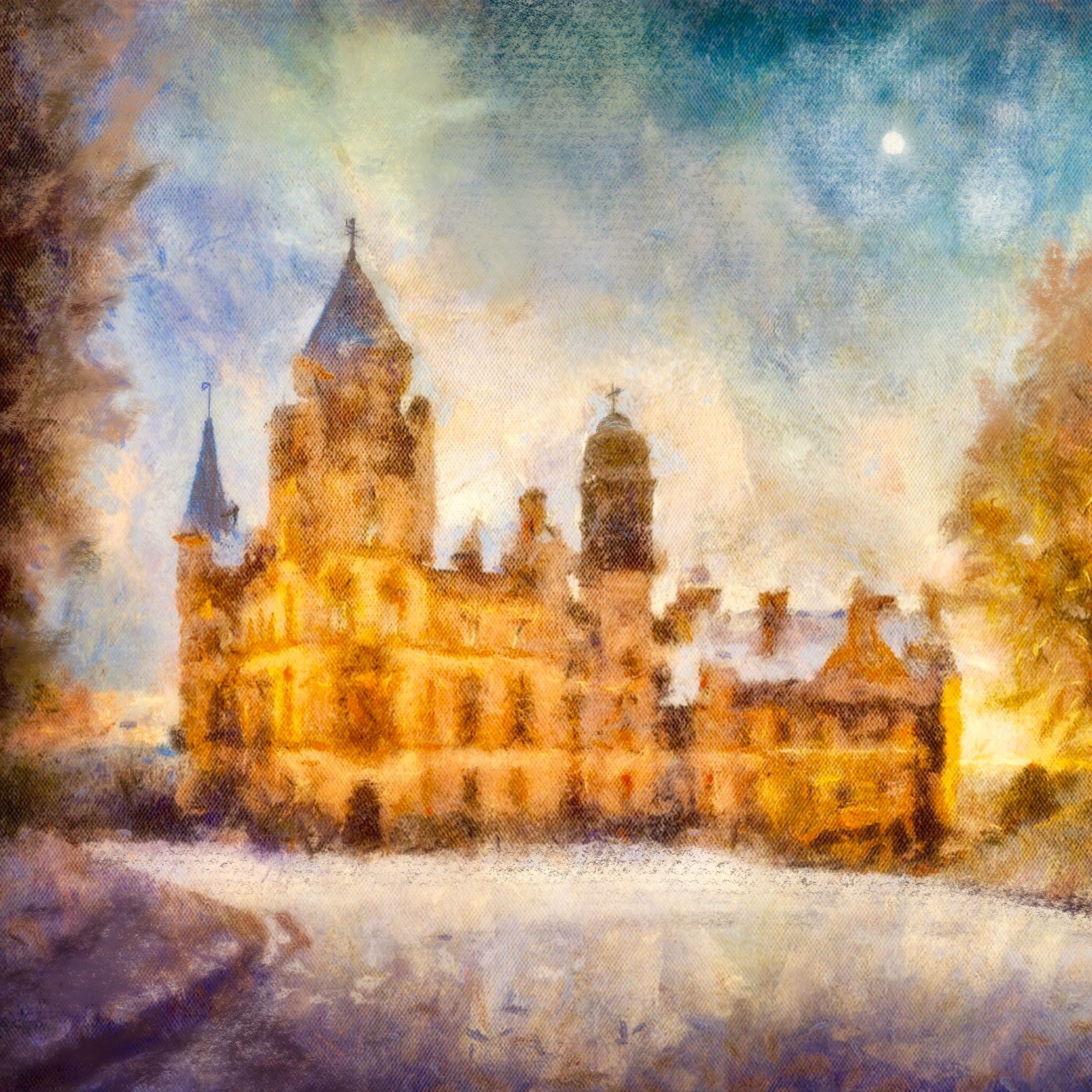 Impressionistic painting of Dunrobin Castle with towers in a snow-covered Scottish landscape