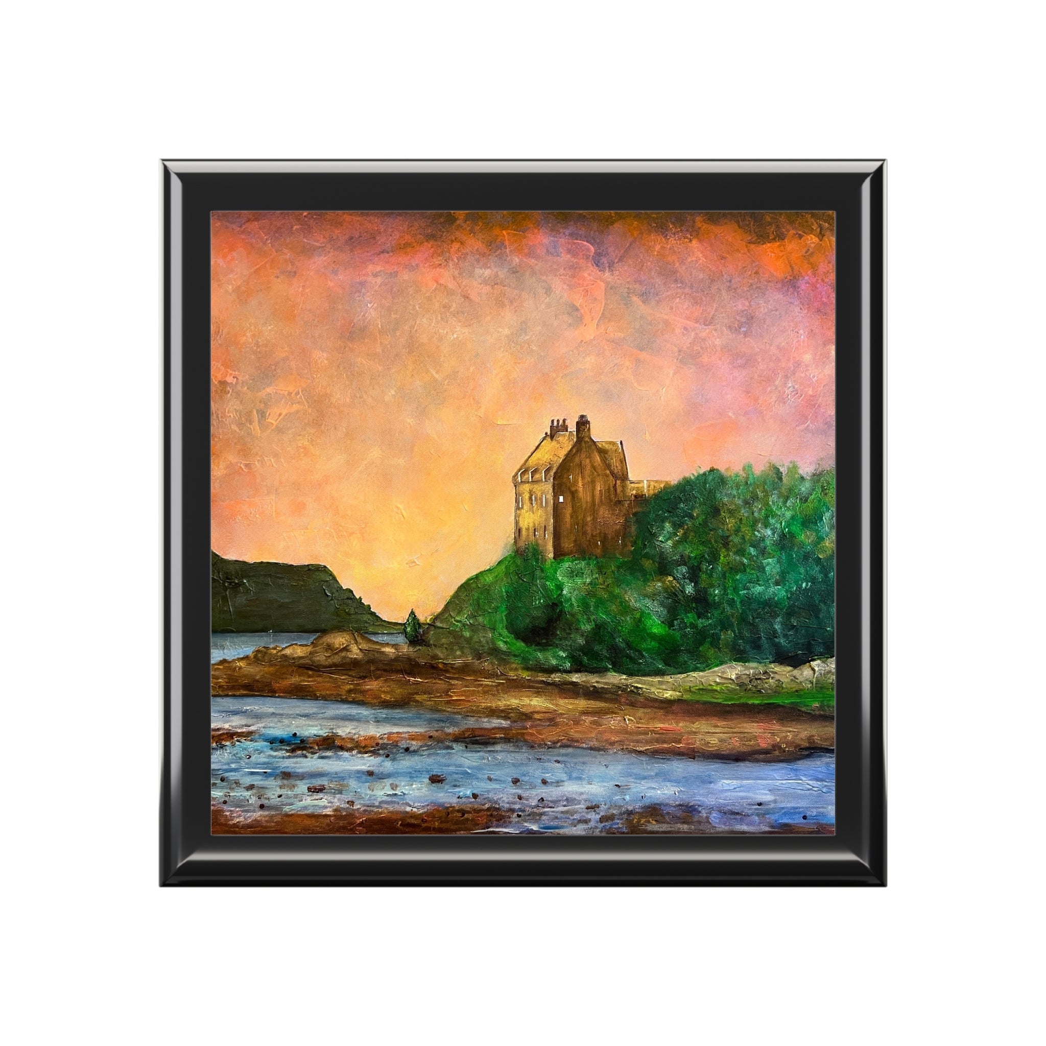 Framed painting of a house on a hill by water at sunset for Duntrune Castle Art Jewellery Box