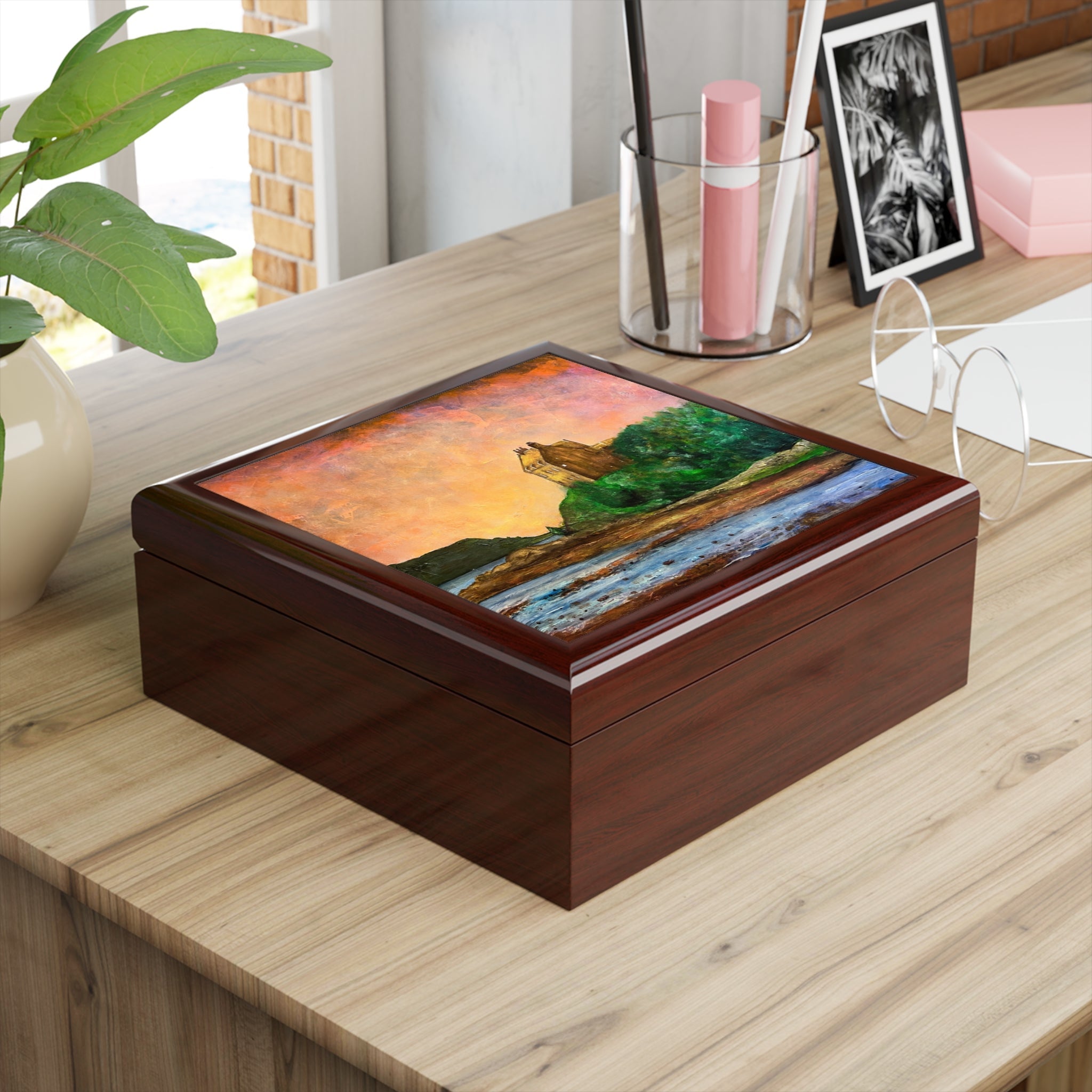 Rectangular wooden keepsake box with vibrant landscape painting lid Duntrune Castle Scotland