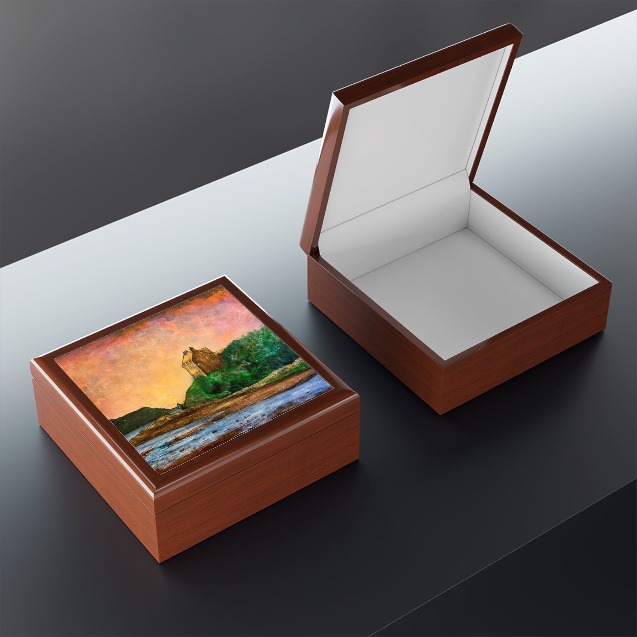 Brown wooden Duntrune Castle Art Jewellery Box with landscape painting and white interior