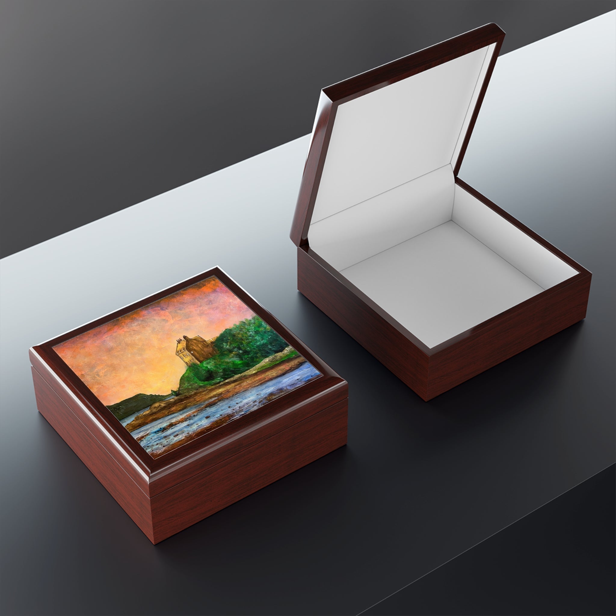 Duntrune Castle art jewellery box with landscape painting, open white interior, wooden keepsake boxes