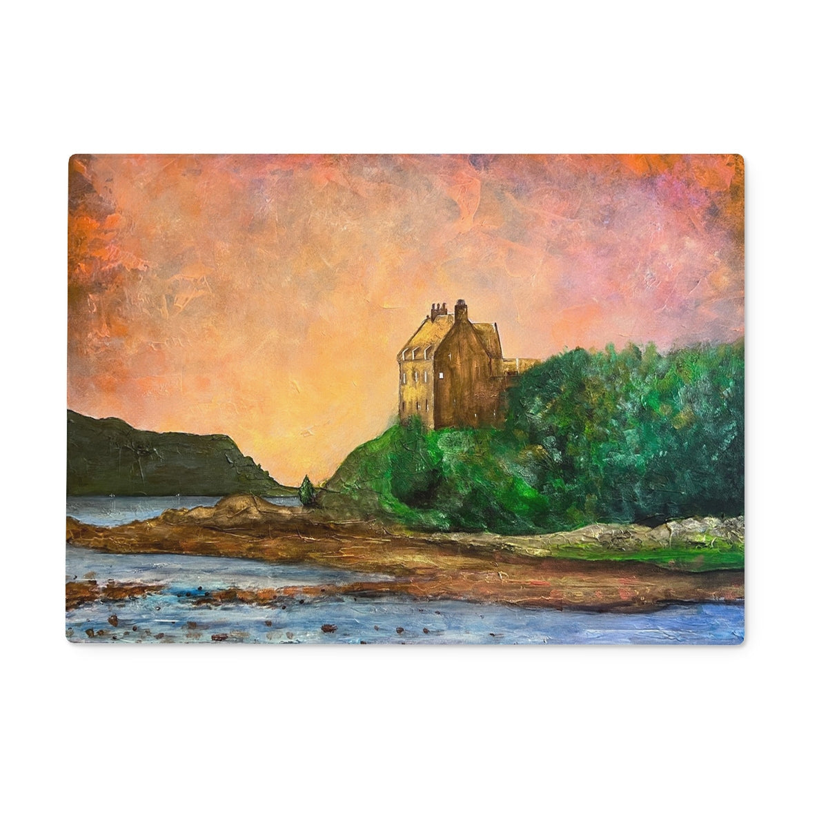 Vibrant impressionistic painting of Duntrune Castle on a hill overlooking water at sunset
