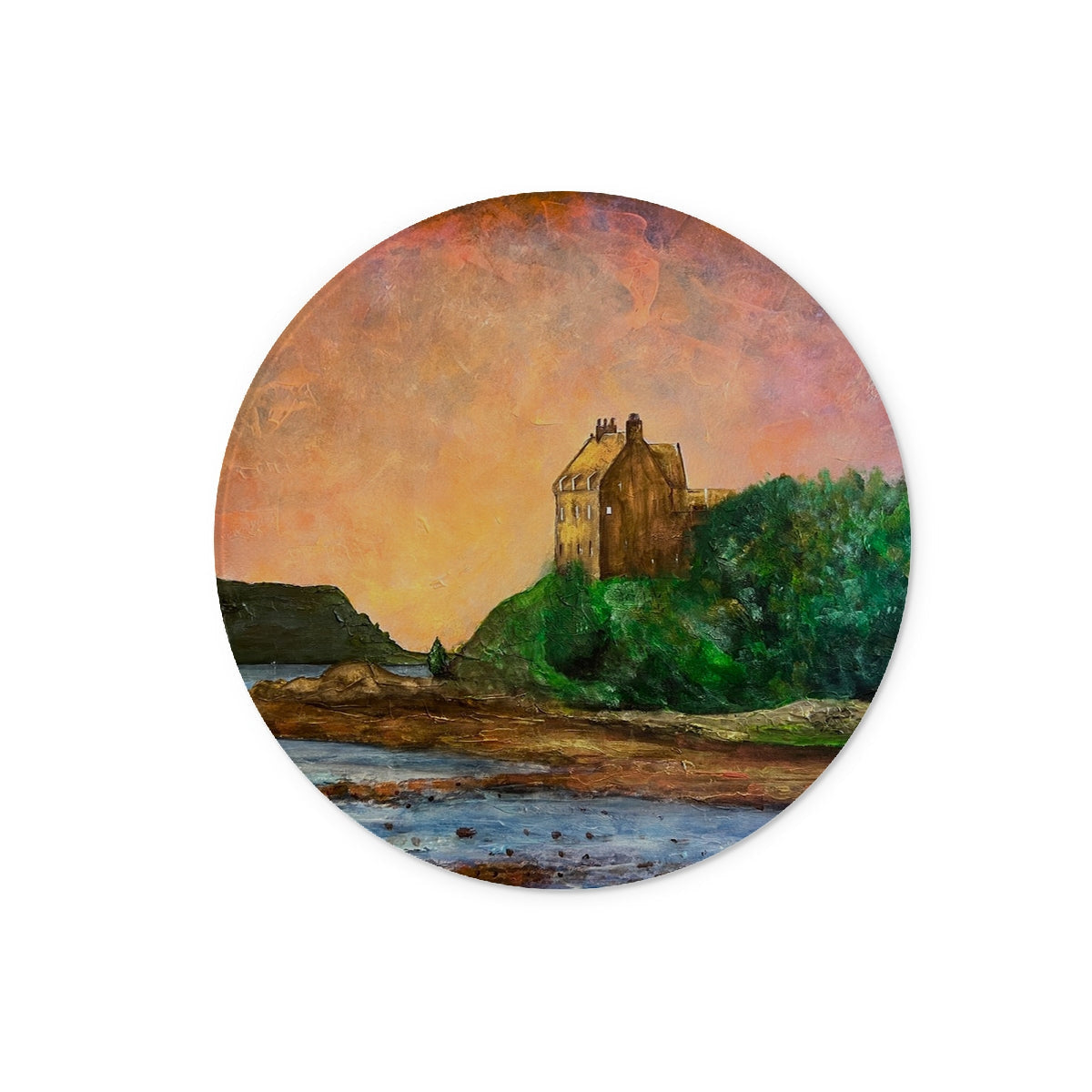 Circular landscape painting of Duntrune Castle on a hill overlooking water at sunset