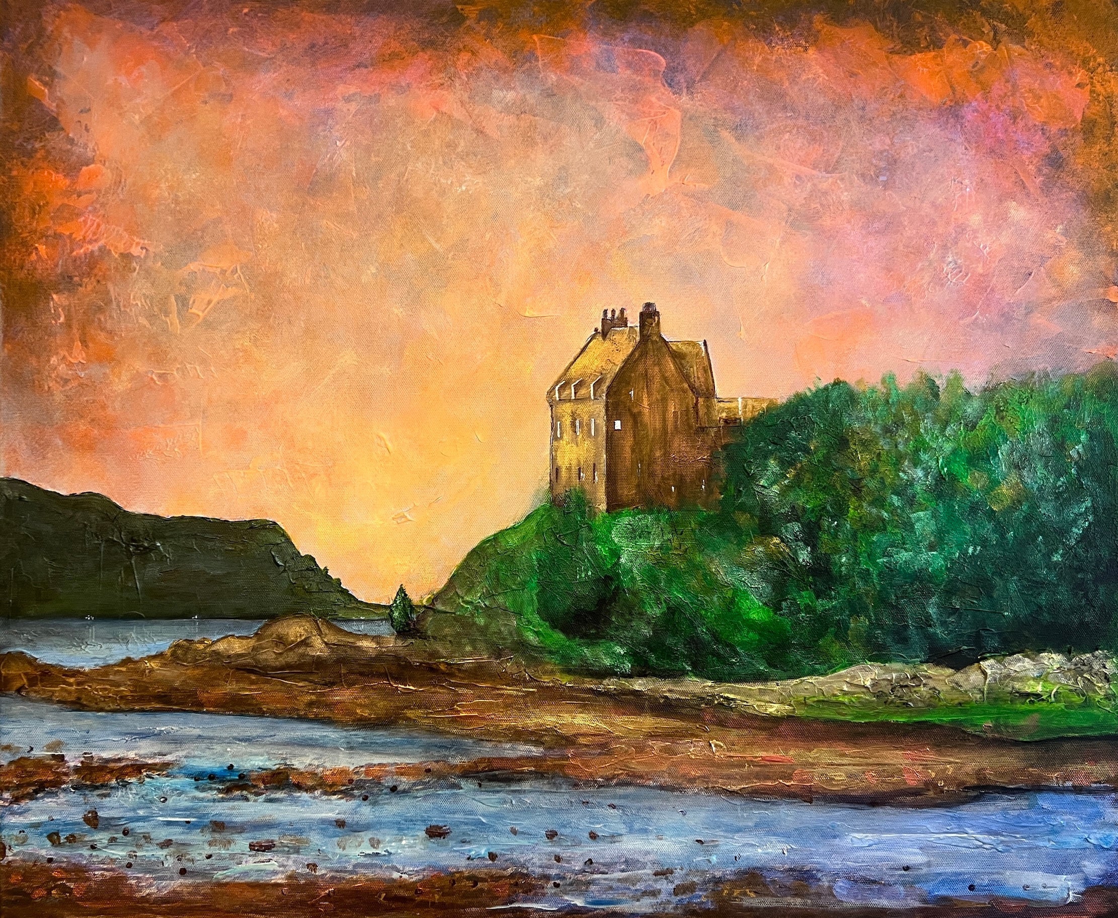 Oil painting of Duntrune Castle on a hill by a lake at sunset, Scottish landscape art