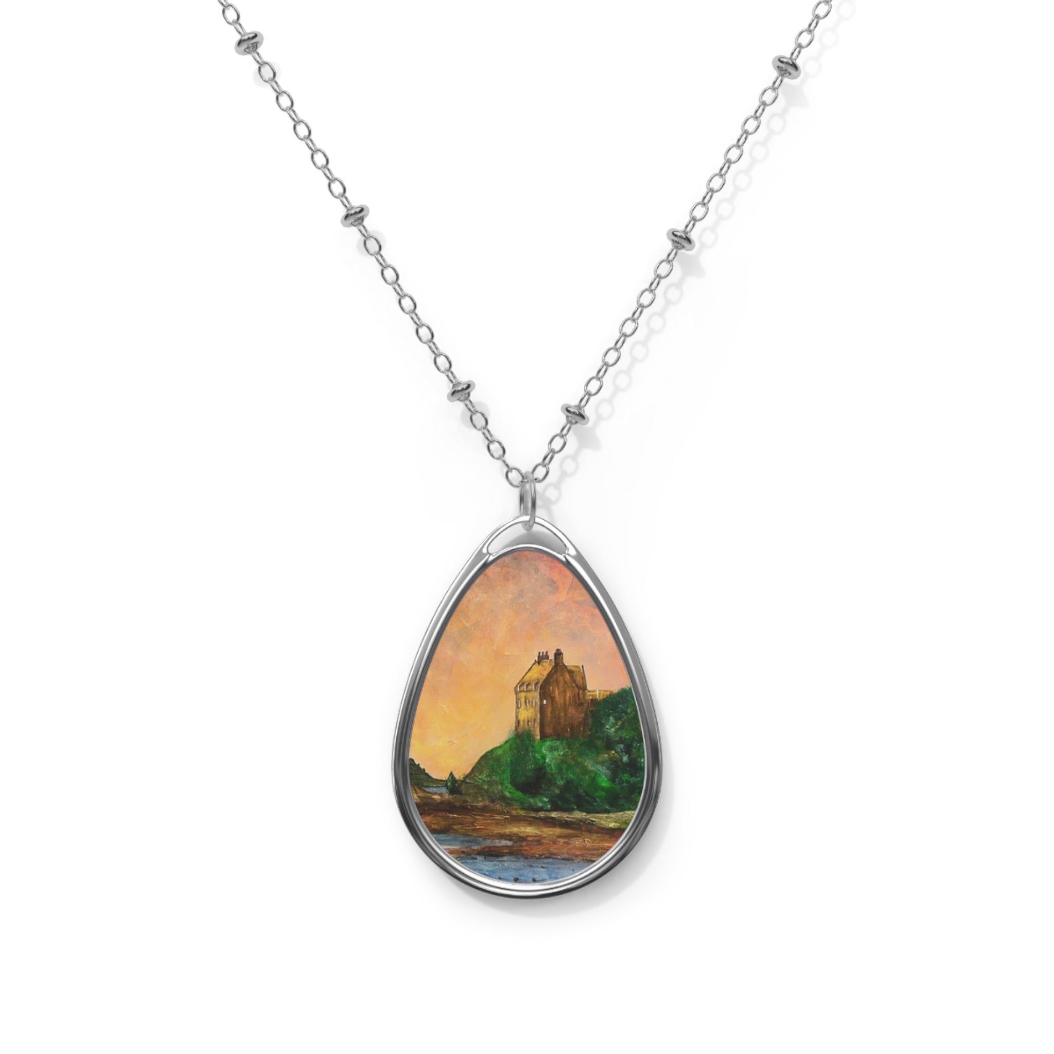 Silver-toned teardrop pendant necklace with colorful landscape painting of Duntrune Castle Scotland