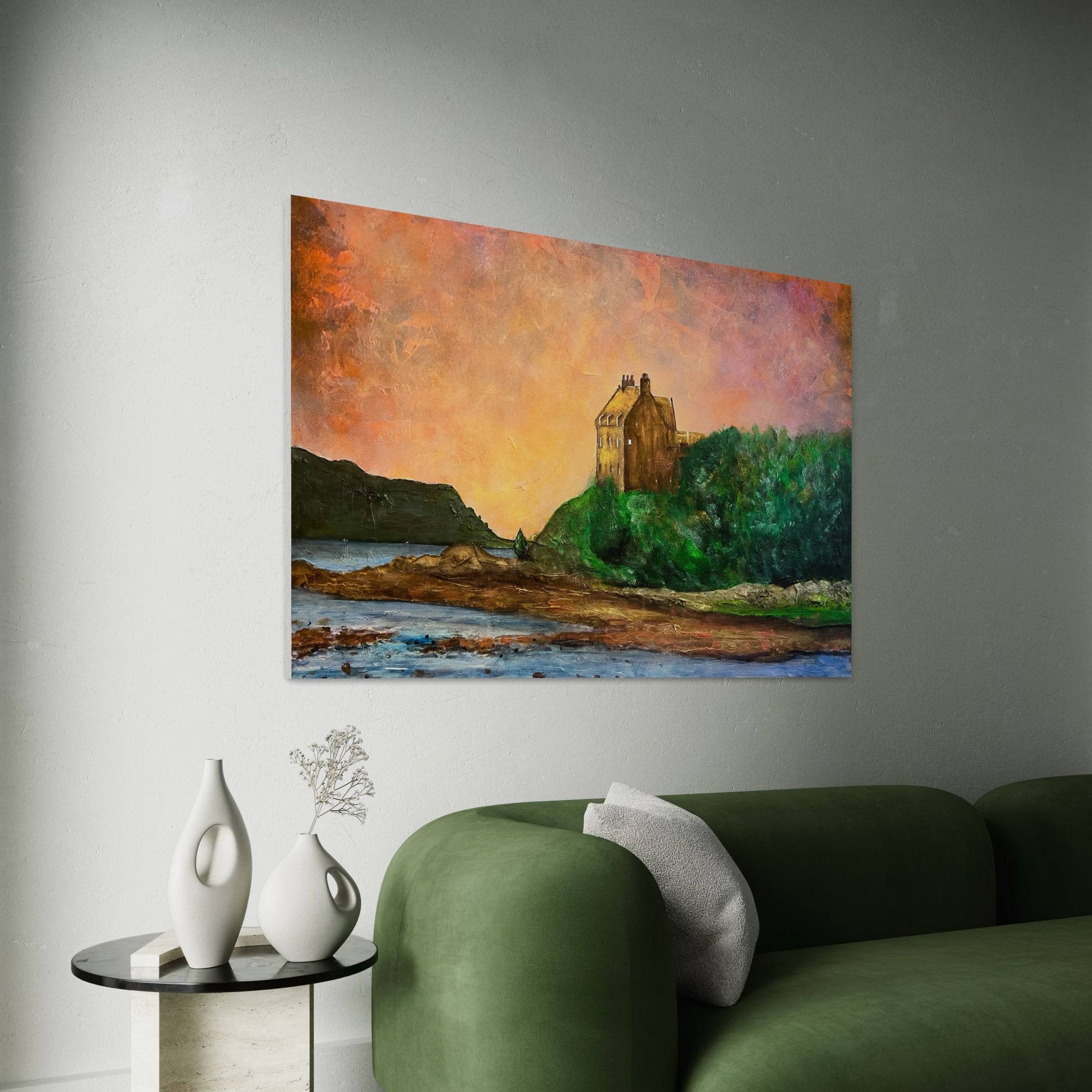 Vibrant impressionist painting of Duntrune Castle on a hill overlooking water at sunset