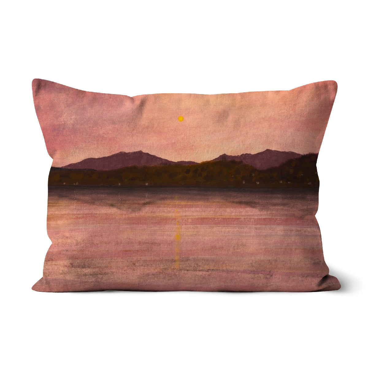 Rose-colored Dusk Over Arran & Bute cushion with mountain landscape design