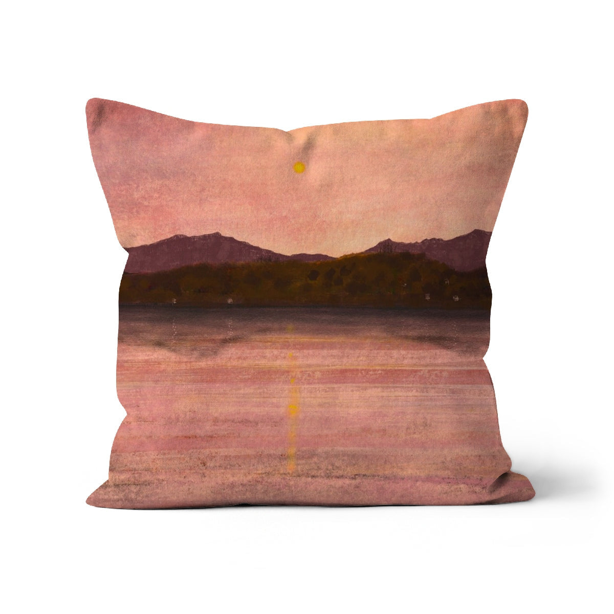 Peach velvety Dusk Over Arran & Bute cushion with mountain landscape
