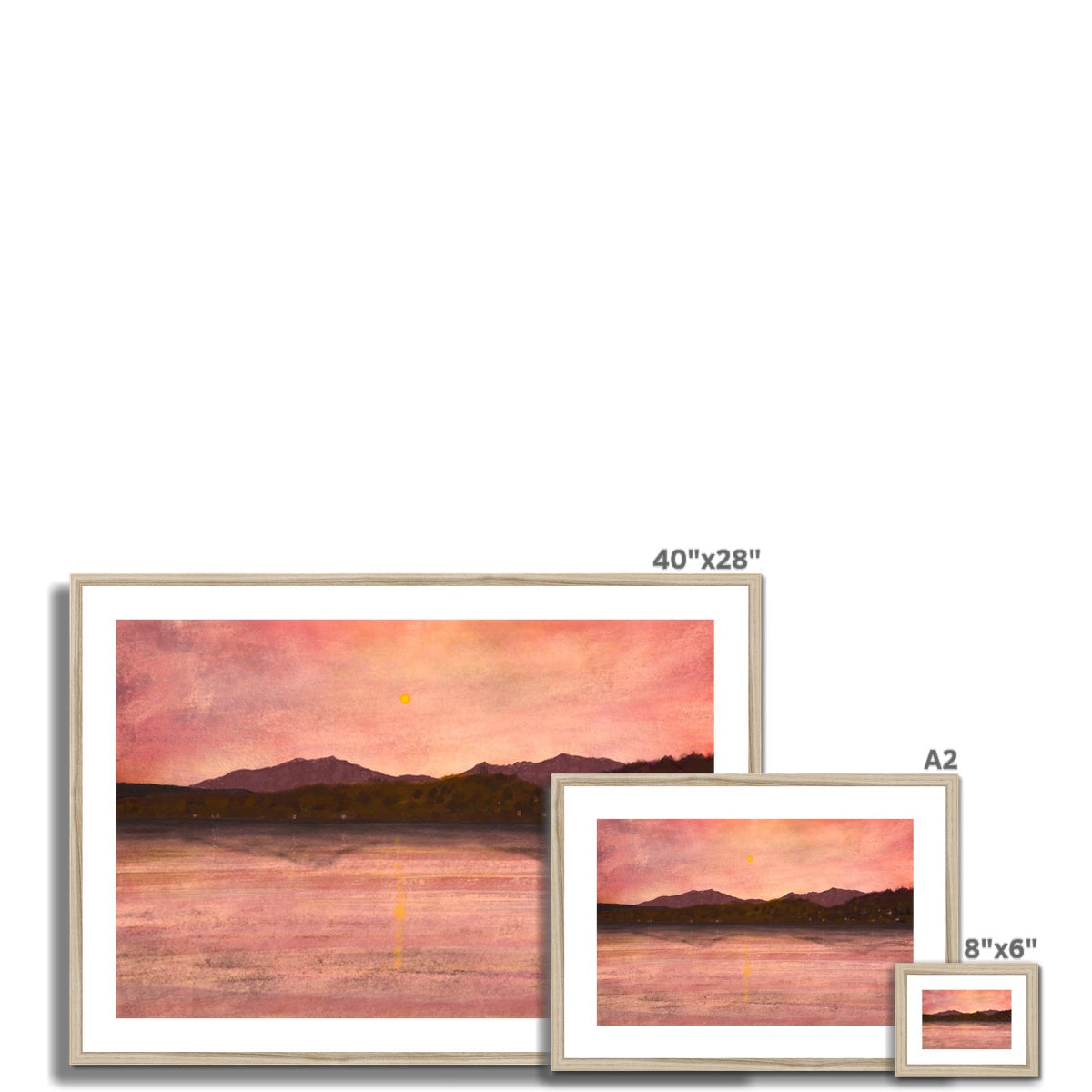 40x28 inch framed Dusk Over Arran & Bute sunset print with pink orange sky
