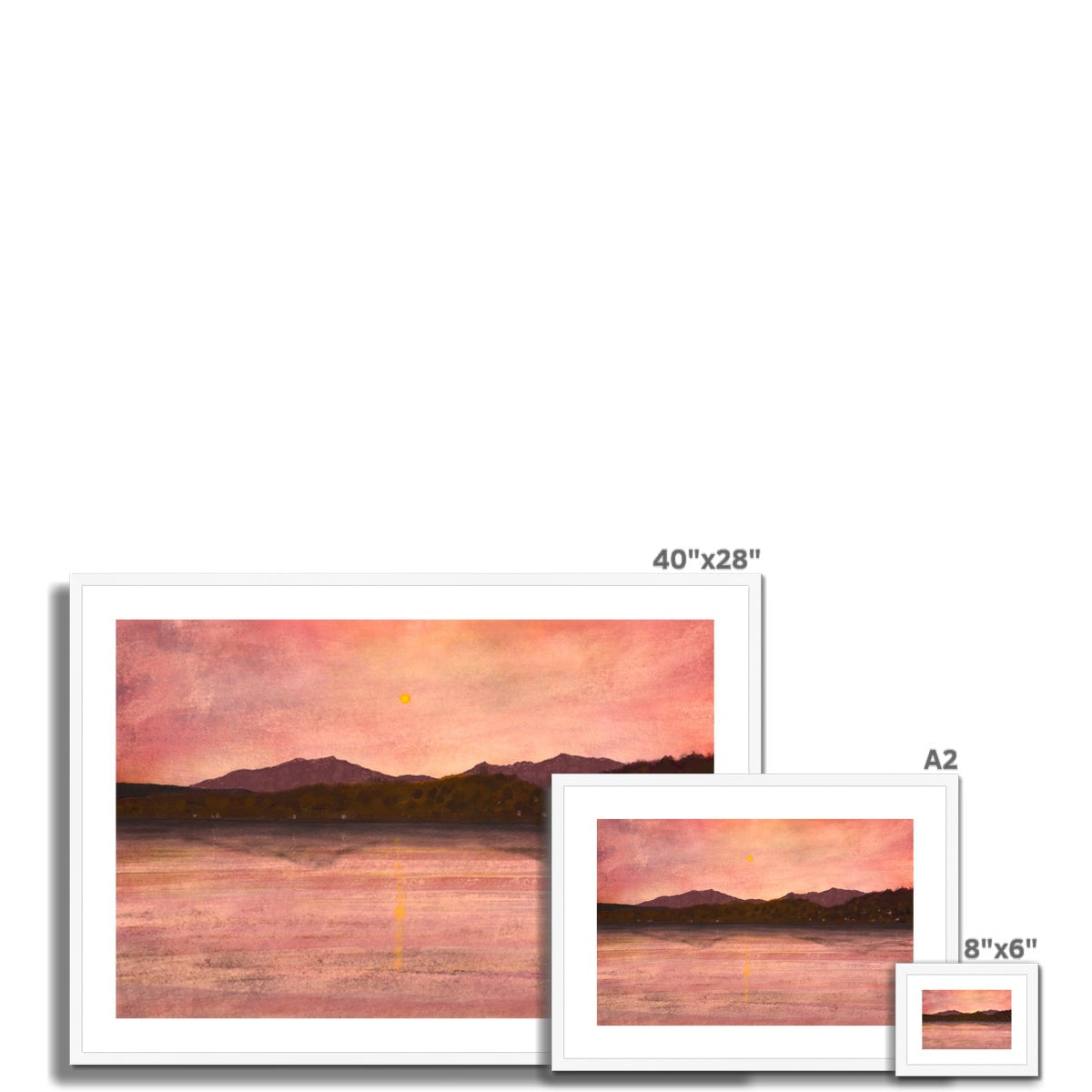 Framed 40x28 Dusk Over Arran and Bute sunset print with white frame