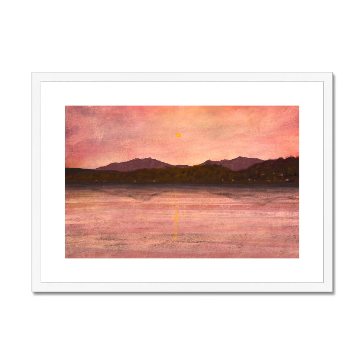 Pink and orange abstract Dusk Over Arran & Bute landscape in white frame