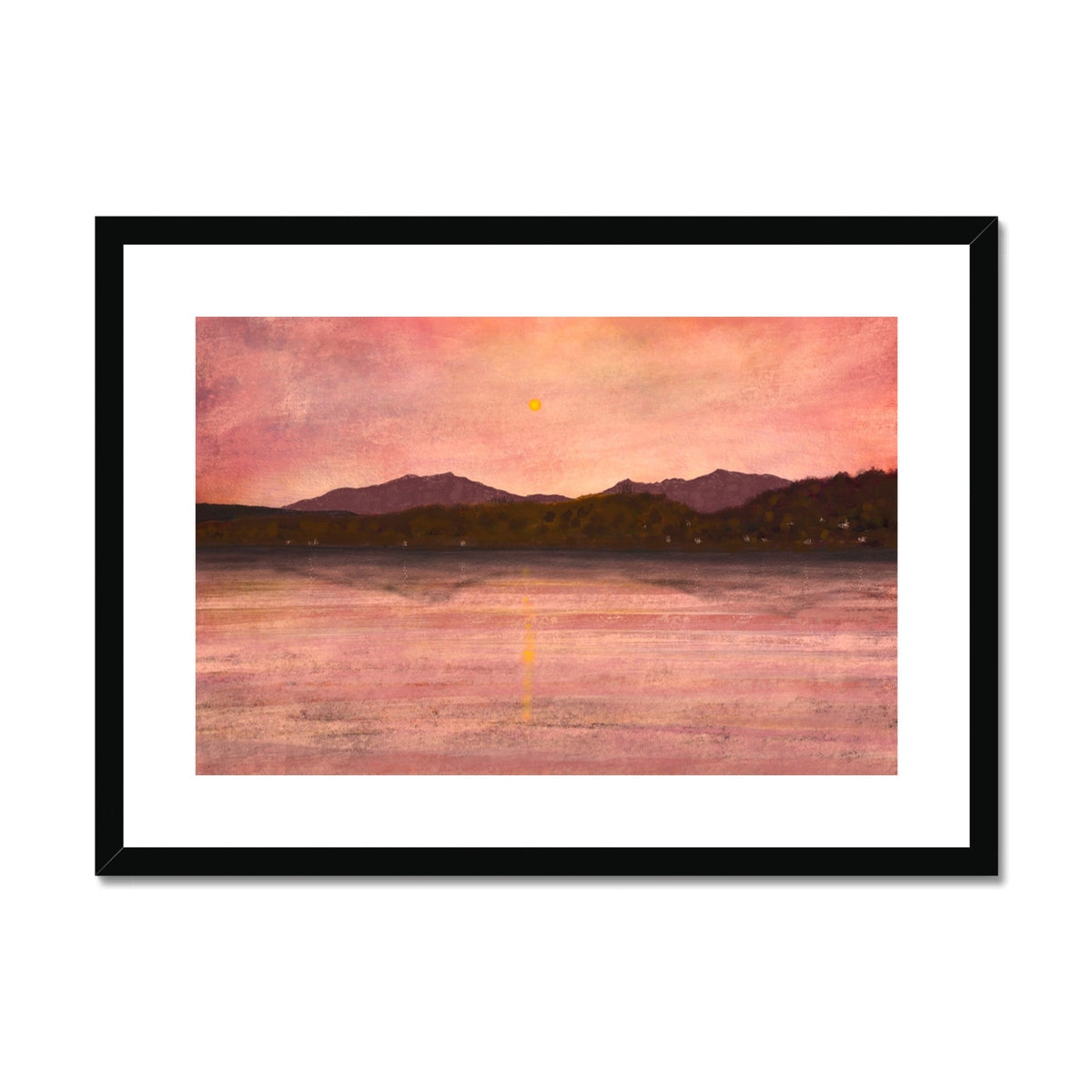 Pink and orange abstract landscape painting of Dusk Over Arran & Bute in black frame