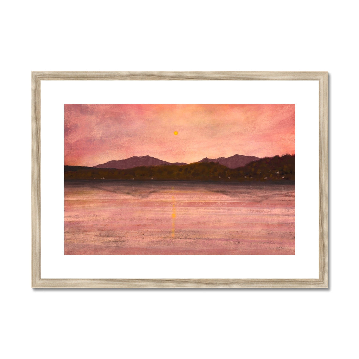Pink and orange sunset landscape painting in wooden frame, Dusk Over Arran & Bute print