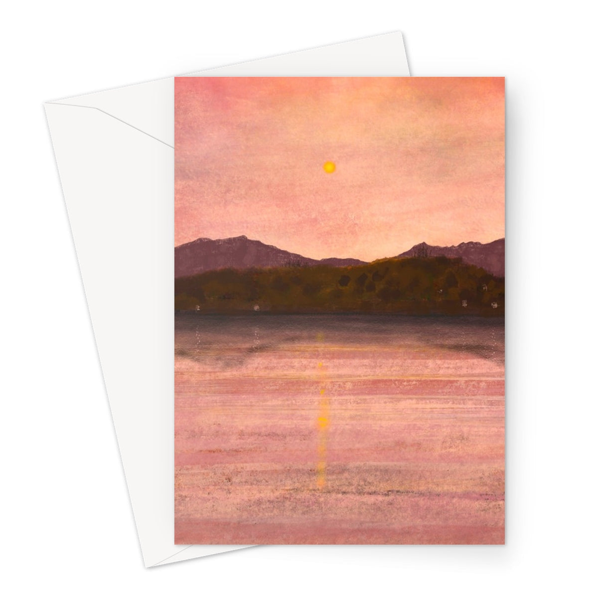 Pink sunset greeting card with Arran & Bute mountain silhouette