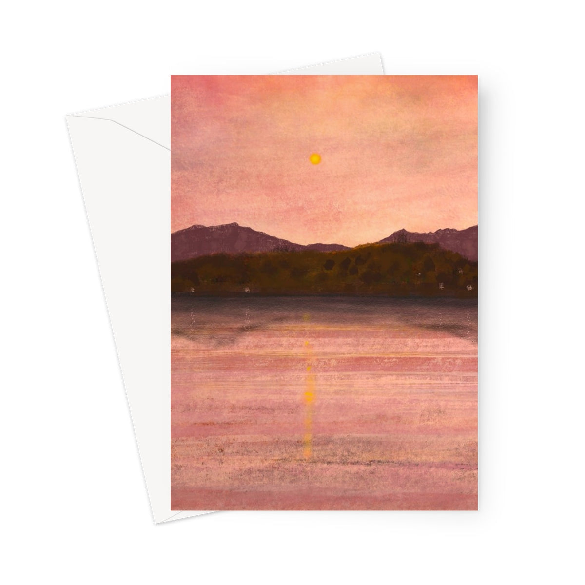 Pink sunset beach greeting card with Arran & Bute mountain silhouette