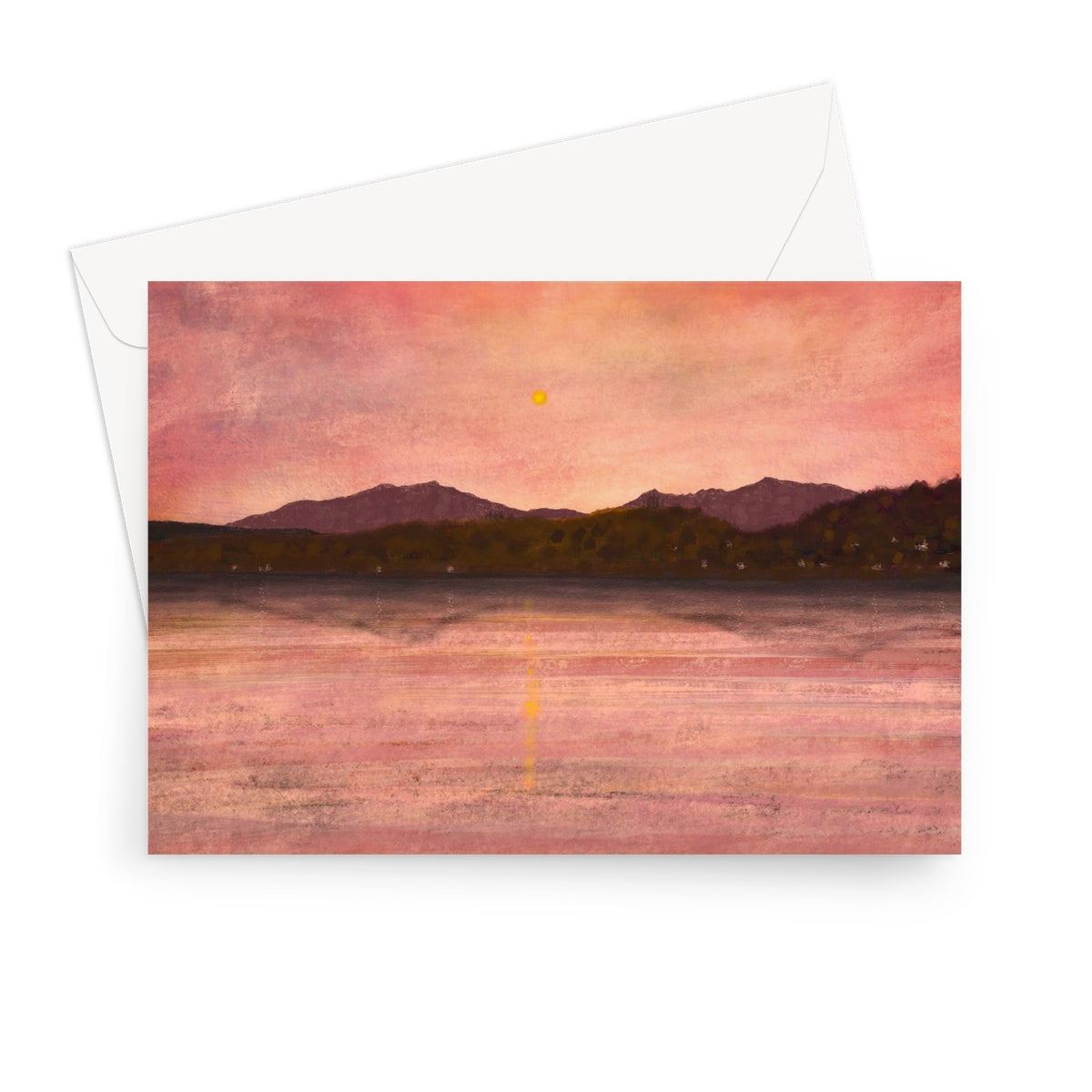 Pink watercolor sunset over Arran and Bute mountains greeting card with envelope