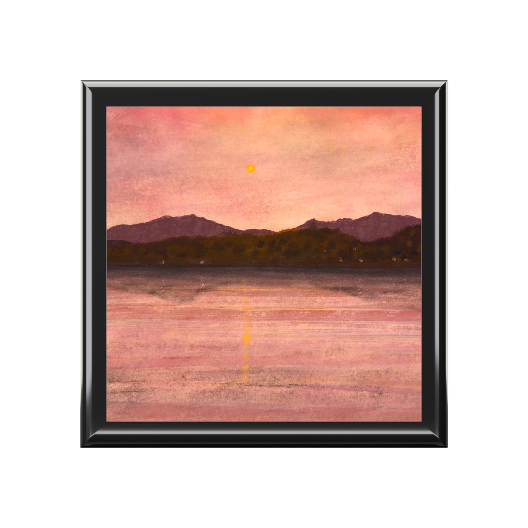 Serene sunset over Arran and Bute mountains in square-framed painting for jewellery box
