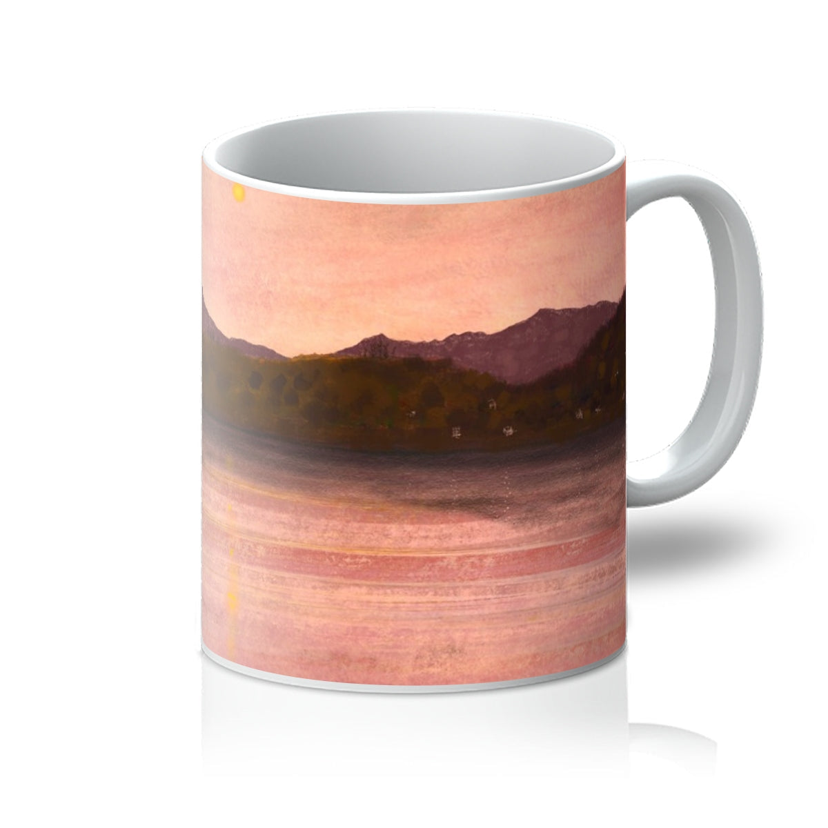 Dusk Over Arran & Bute ceramic mug with pink-brown mountain design