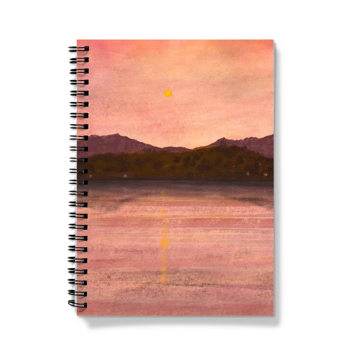Spiral-bound Dusk Over Arran & Bute notebook with watercolor mountain sunset cover