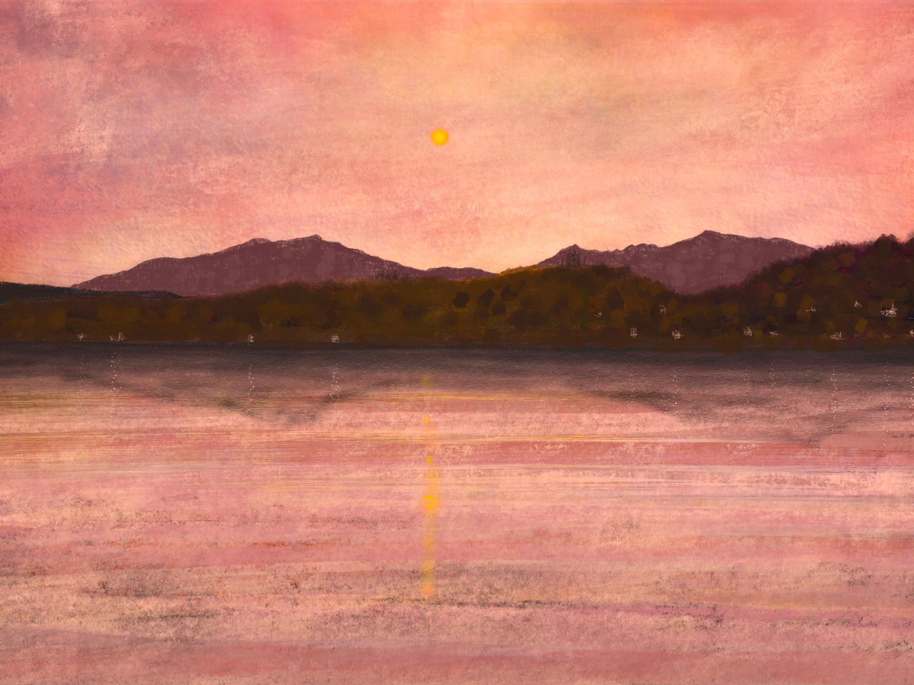 Sunset over water and mountains in Dusk Over Arran and Bute Original Painting