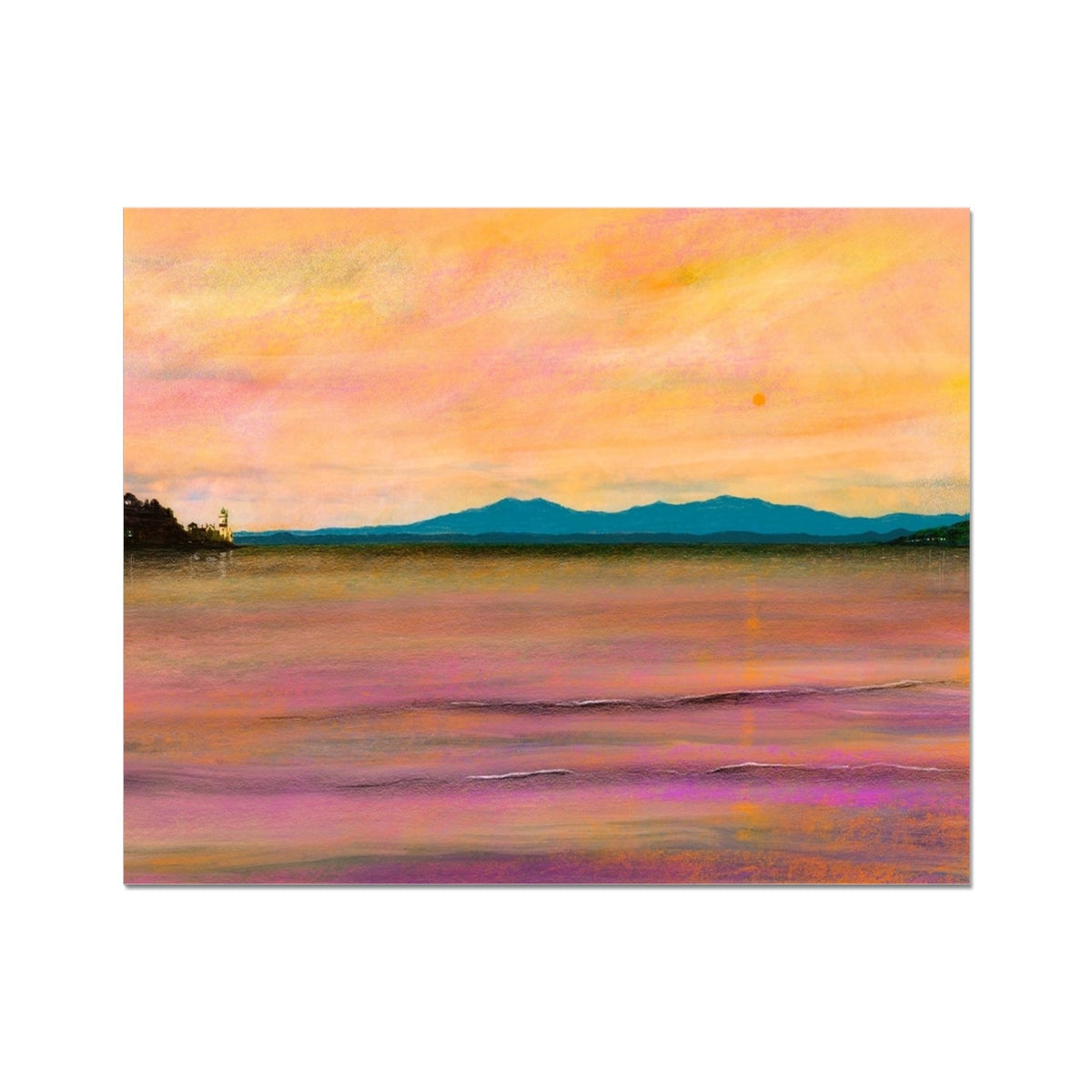 Vibrant landscape painting of a sunset over water with distant mountains in Dusk Over Arran & The Cloch Artist Proof Collector Print