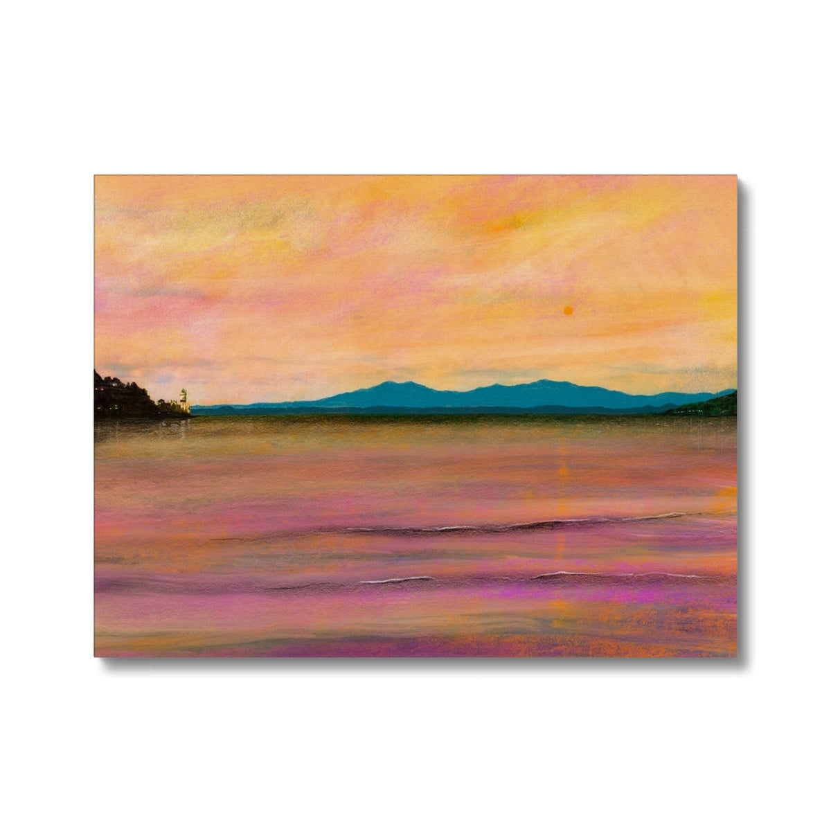 Colorful sunset over water with mountains in the distance on Dusk Over Arran & The Cloch Canvas