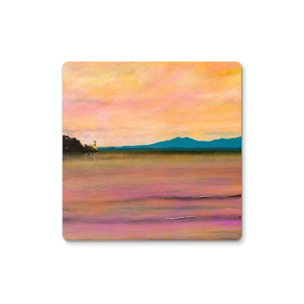 Square coaster featuring a painted sunset beach scene for Dusk Over Arran & The Cloch Coaster
