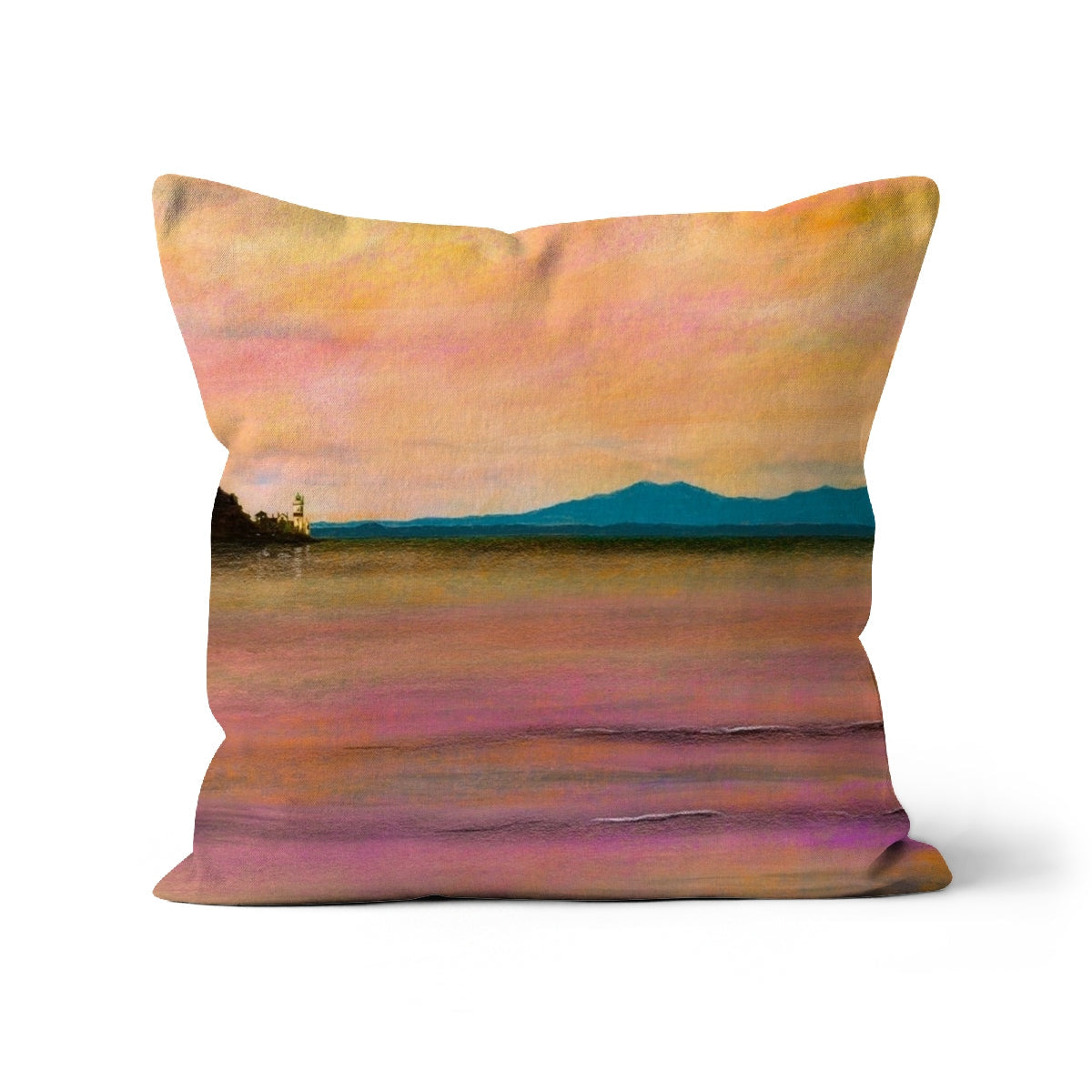 Square throw pillow with painterly sunset landscape featuring mountains, water, and lighthouse
