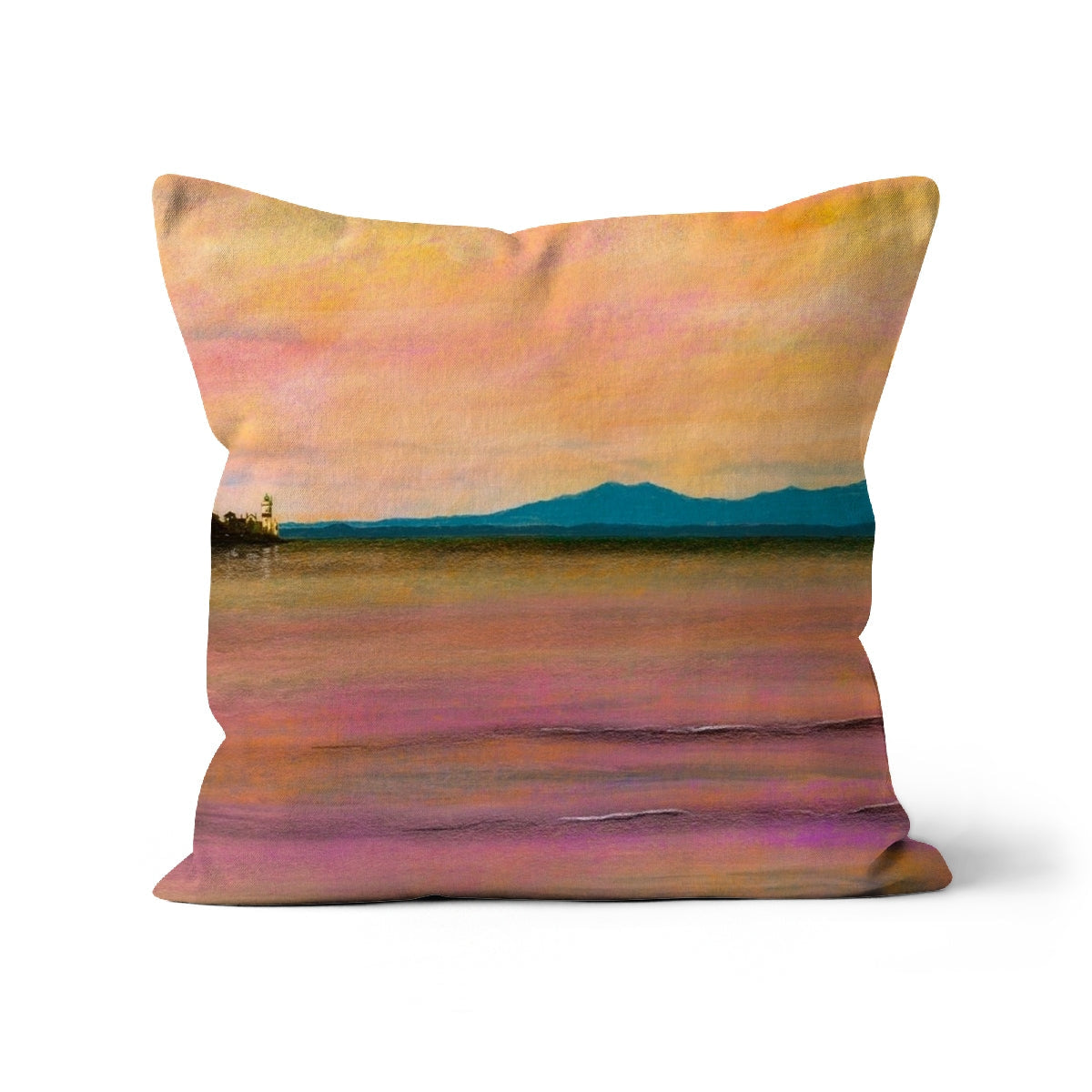 Decorative throw pillow with scenic sunset over water and distant mountains design
