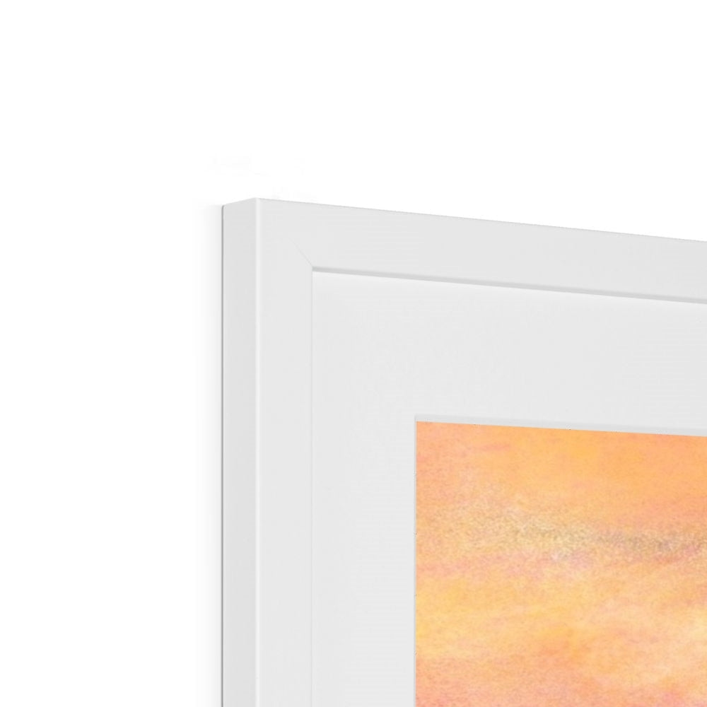 White picture frame with light orange and yellow abstract print in Dusk Over Arran & The Cloch print