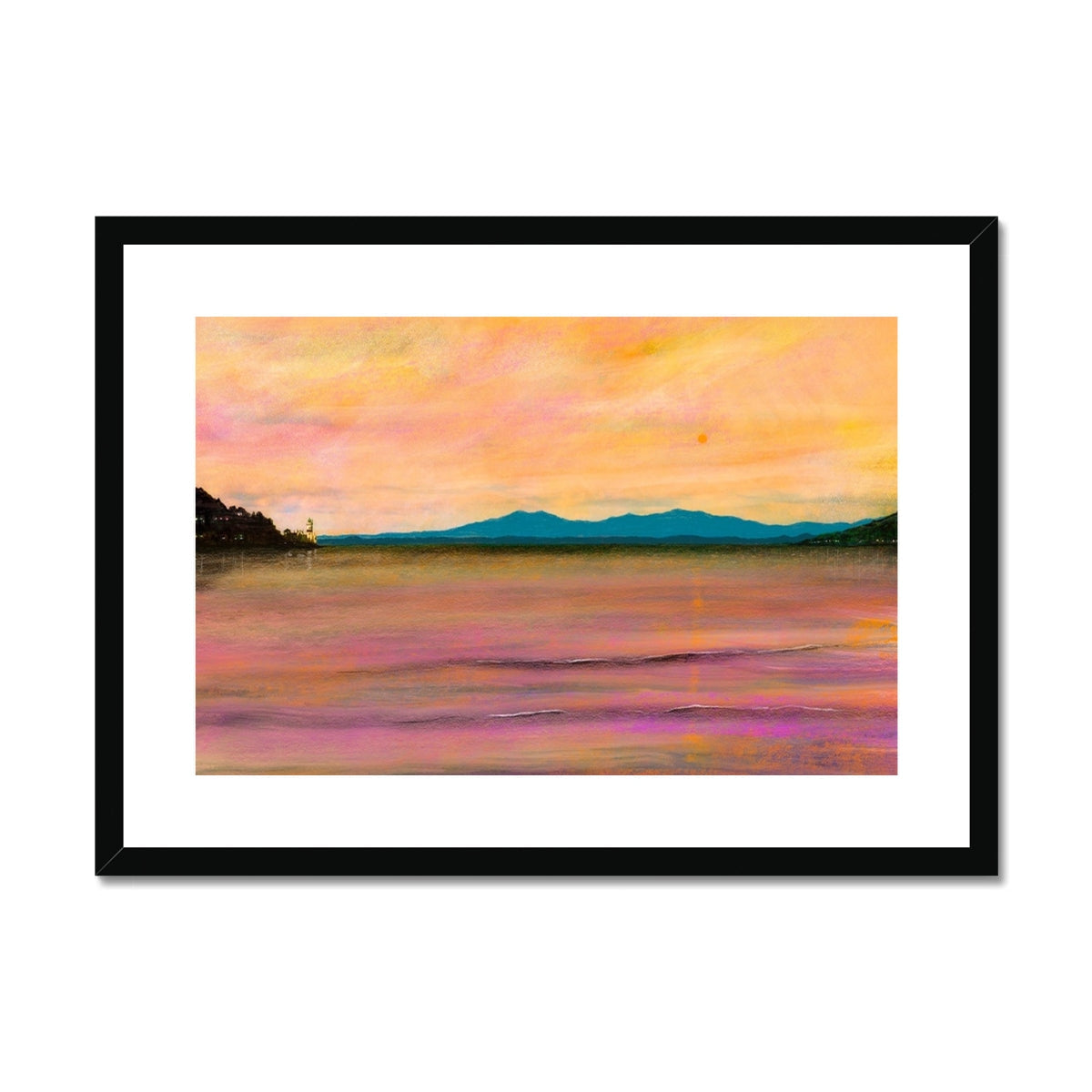 Framed painting of a sunset over water with distant mountains, titled Dusk Over Arran & The Cloch