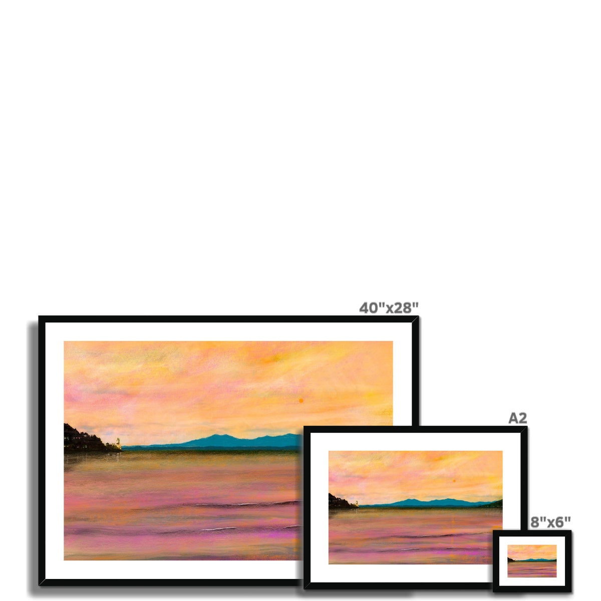 Set of three framed landscape prints including Dusk Over Arran and The Cloch artwork