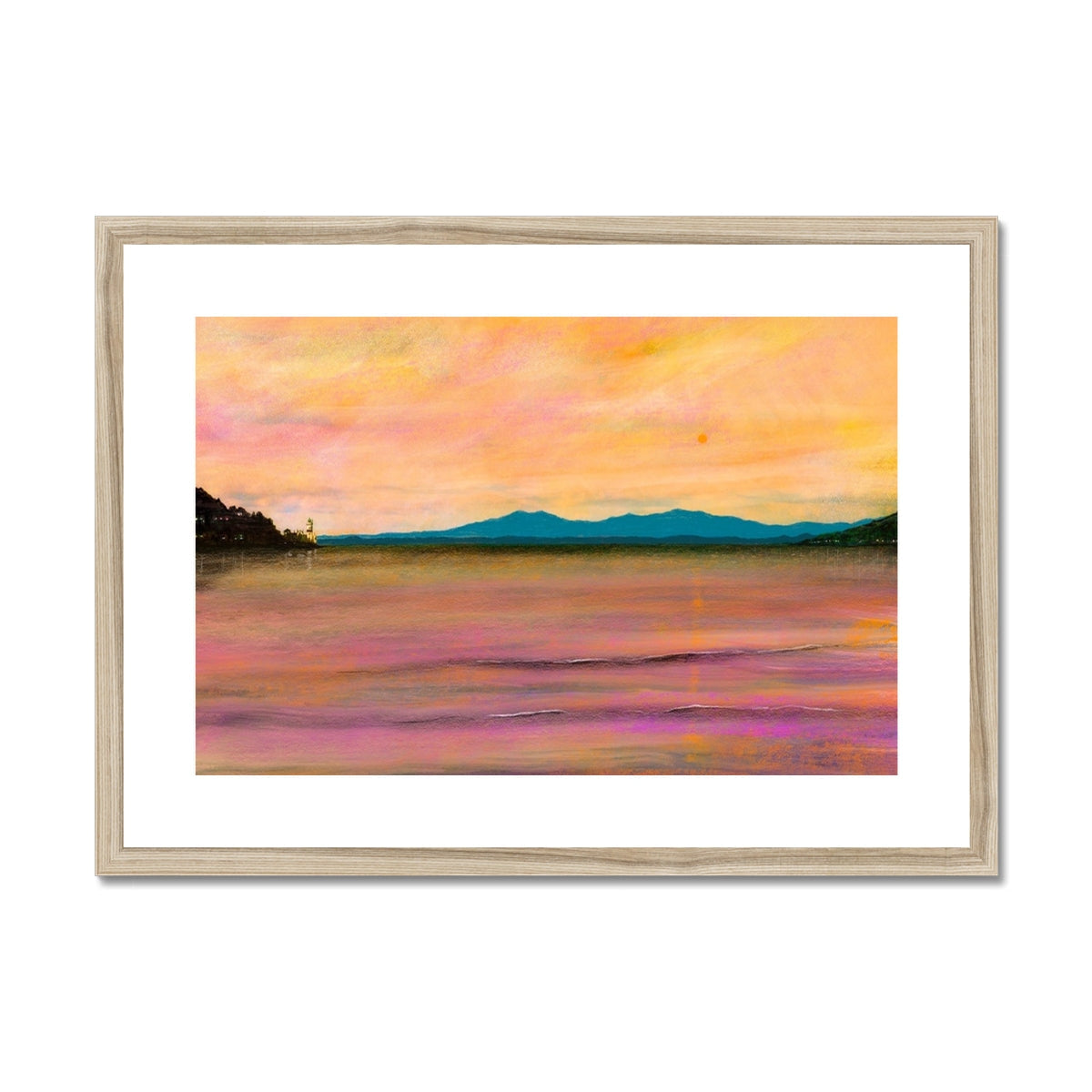 Framed print of a vibrant sunset over calm water with distant mountains titled Dusk Over Arran and The Cloch