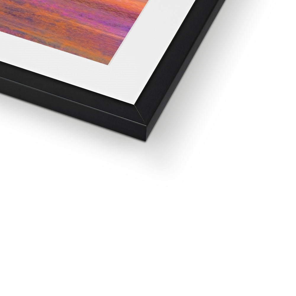 Framed abstract artwork with vibrant warm oranges and cool purples in Dusk Over Arran print