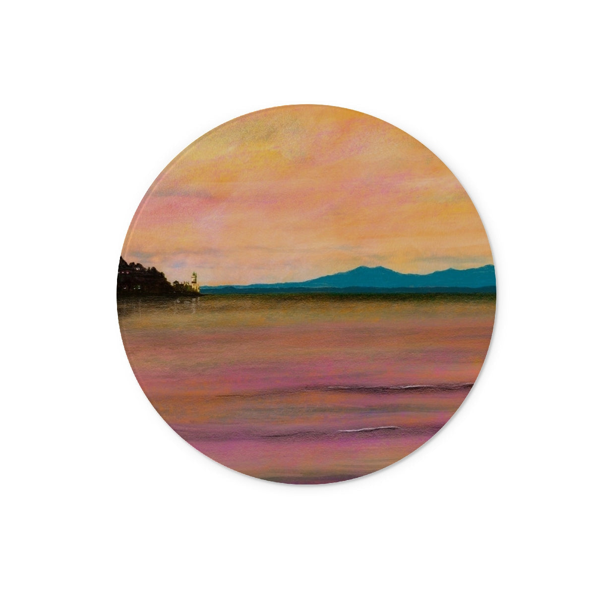 Circular painting of a colorful sunset over water with distant mountains on Dusk Over Arran Chopping Board