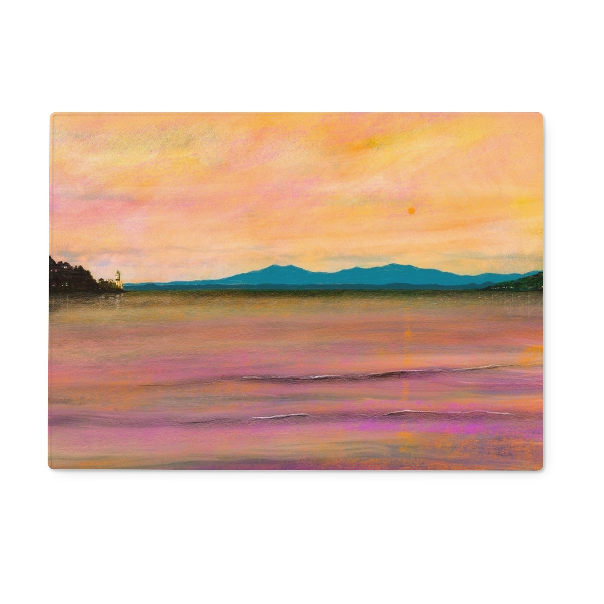 Vibrant abstract landscape painting of a sunset over water and mountains on Dusk Over Arran Chopping Board