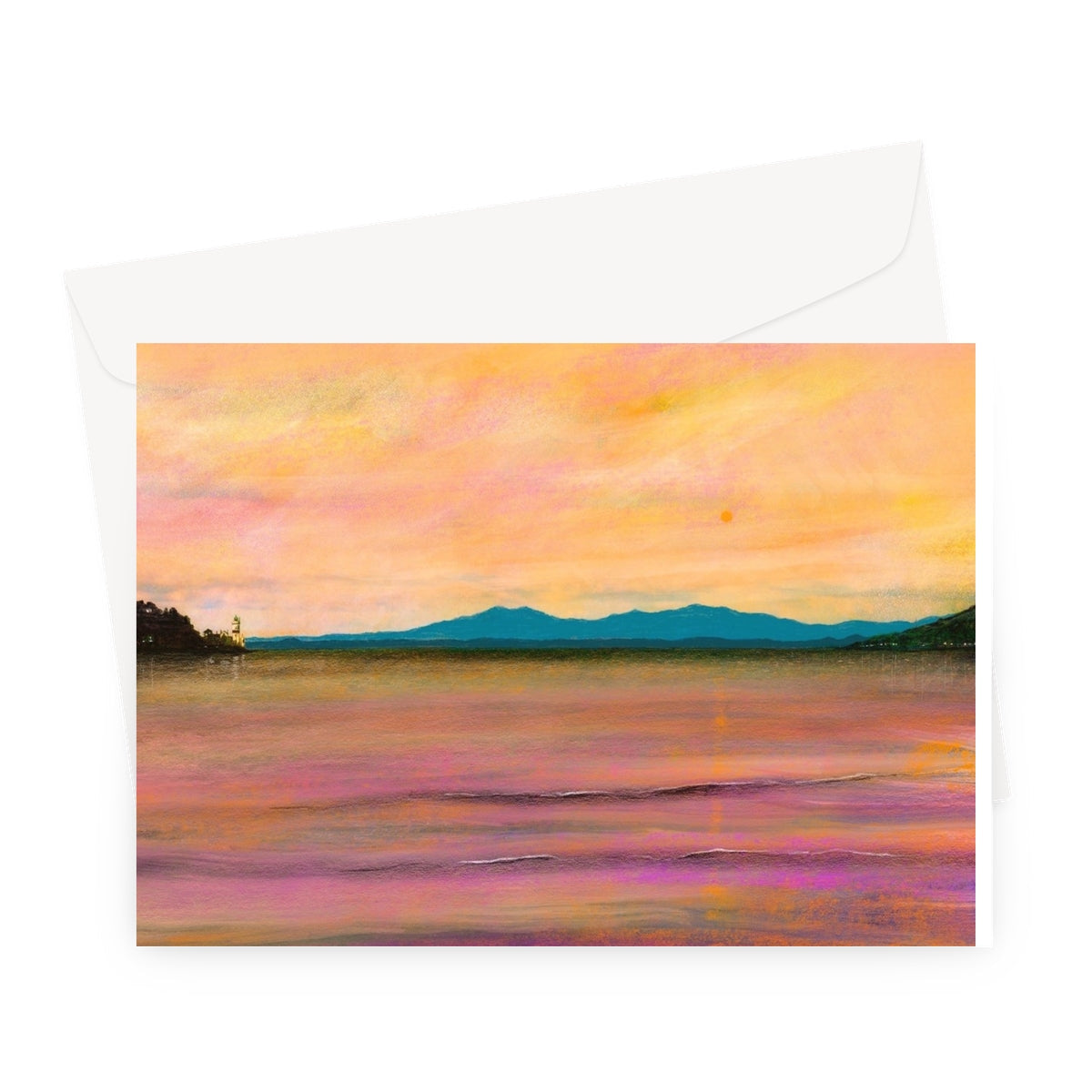 Dusk Over Arran & The Cloch Greeting Card featuring a vibrant sunset landscape painting