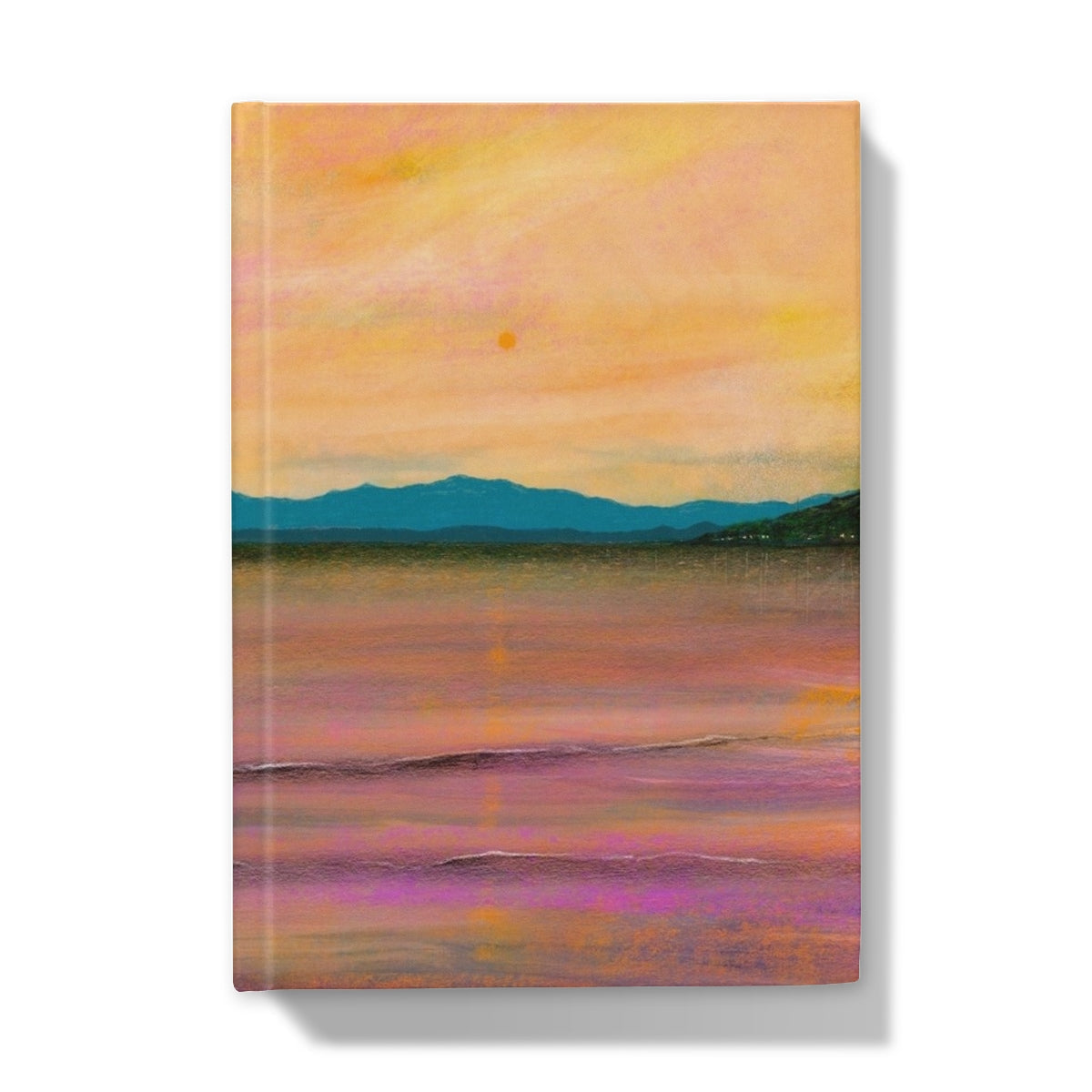 Vibrant landscape painting of a sunset over water with distant mountains on Dusk Over Arran Journal