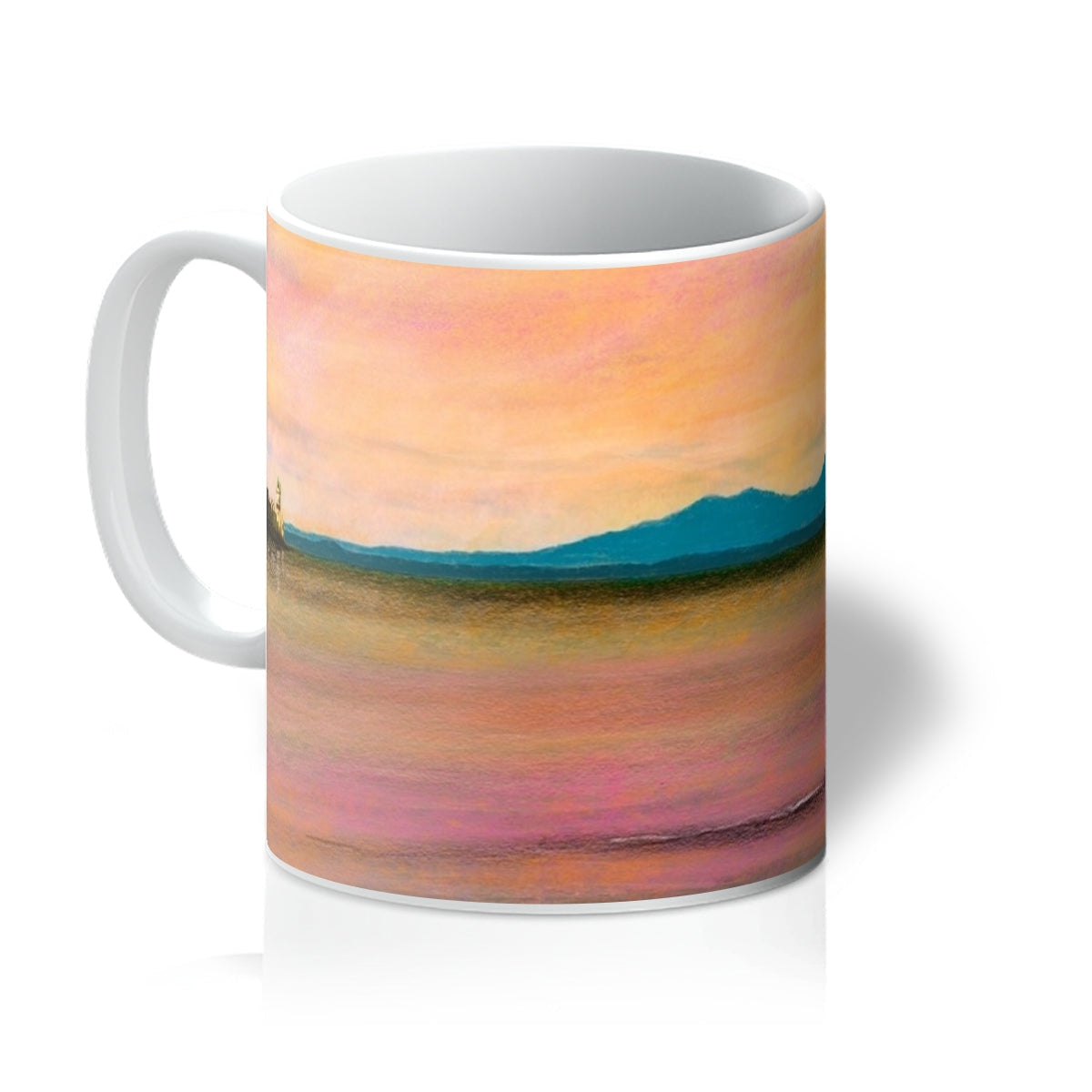 White ceramic mug featuring an abstract landscape painting in warm tones, Dusk Over Arran & The Cloch Mug