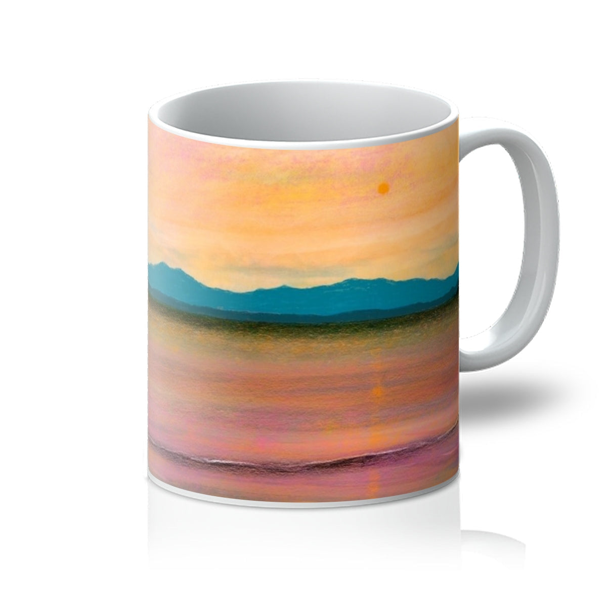 White ceramic mug featuring a colorful abstract landscape design titled Dusk Over Arran & The Cloch Mug
