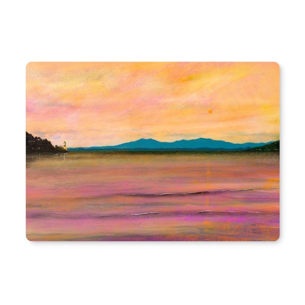 Vibrant impressionistic sunset over water with distant mountains on Dusk Over Arran Placemat