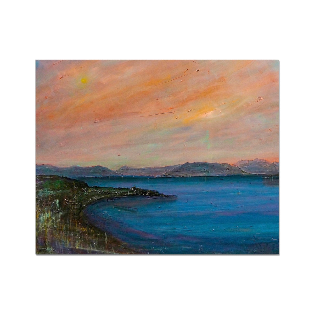 Vibrant oil painting of sunset over serene coastline with mountains for Dusk Over Gourock print
