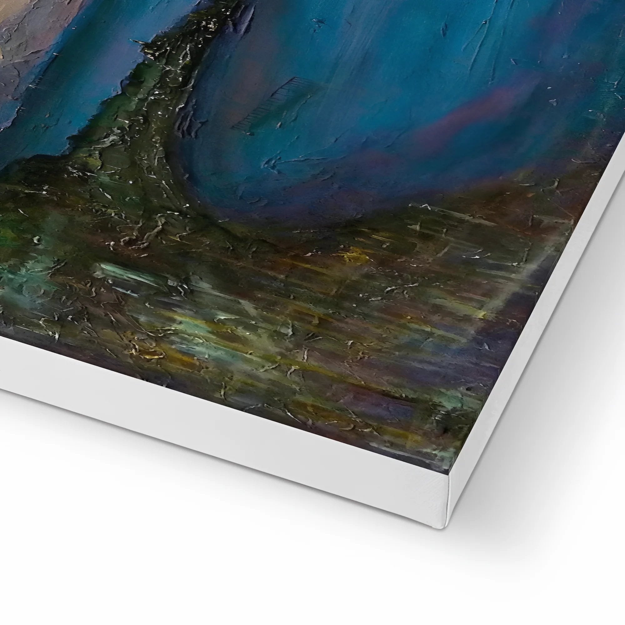 Textured oil painting on canvas depicting an abstract dark blue and green landscape titled Dusk Over Gourock Canvas